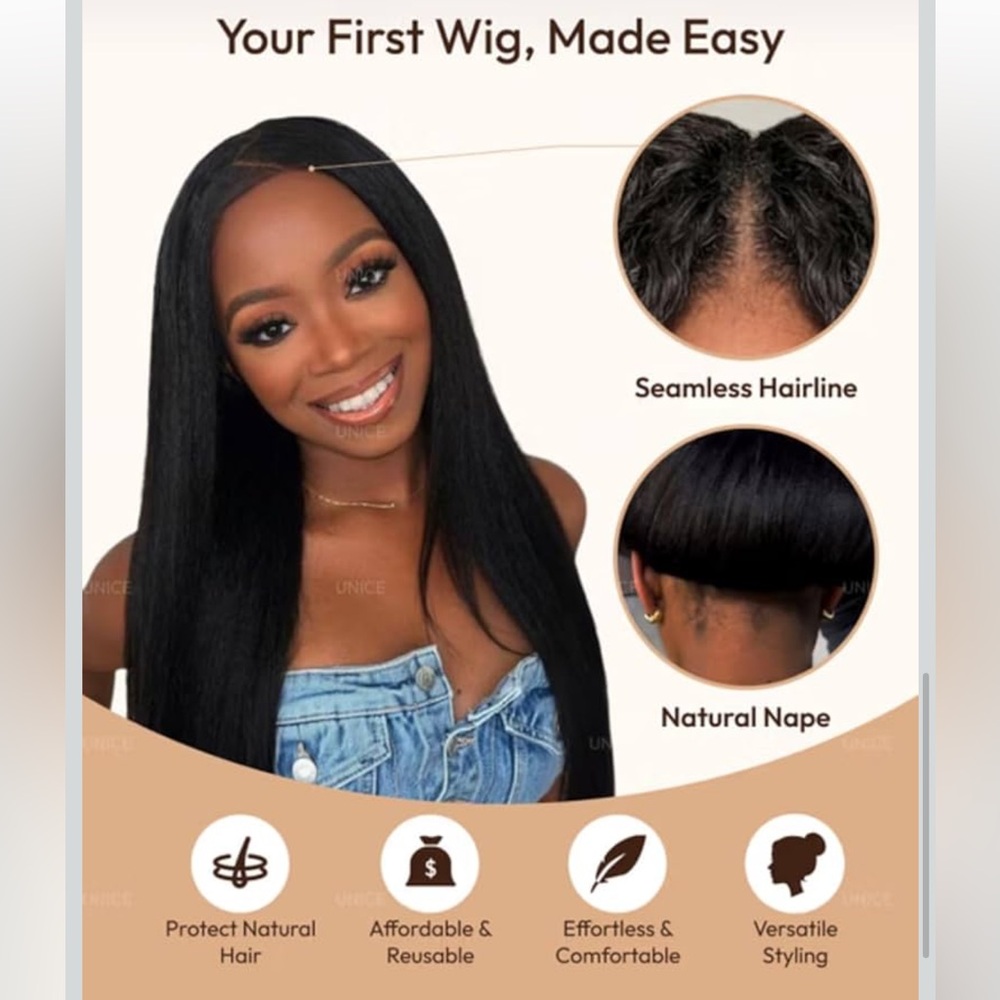 UNICE V Part Human Hair Wig Yaki Straight 150% Density Chestnut Brown 20inch #3 - Picture 4 of 8